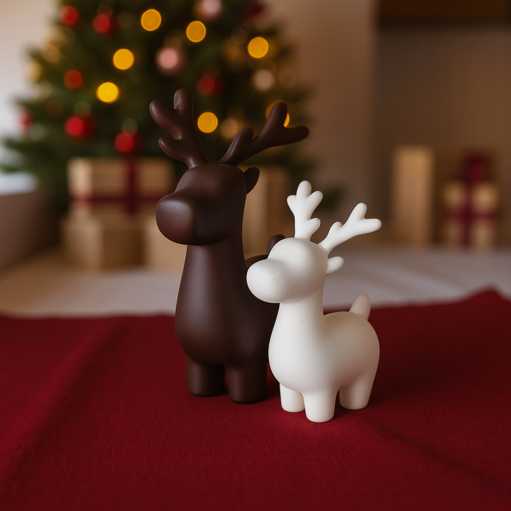 Front view of two reindeer figurines, one large brown and one small white in Christmas setting.