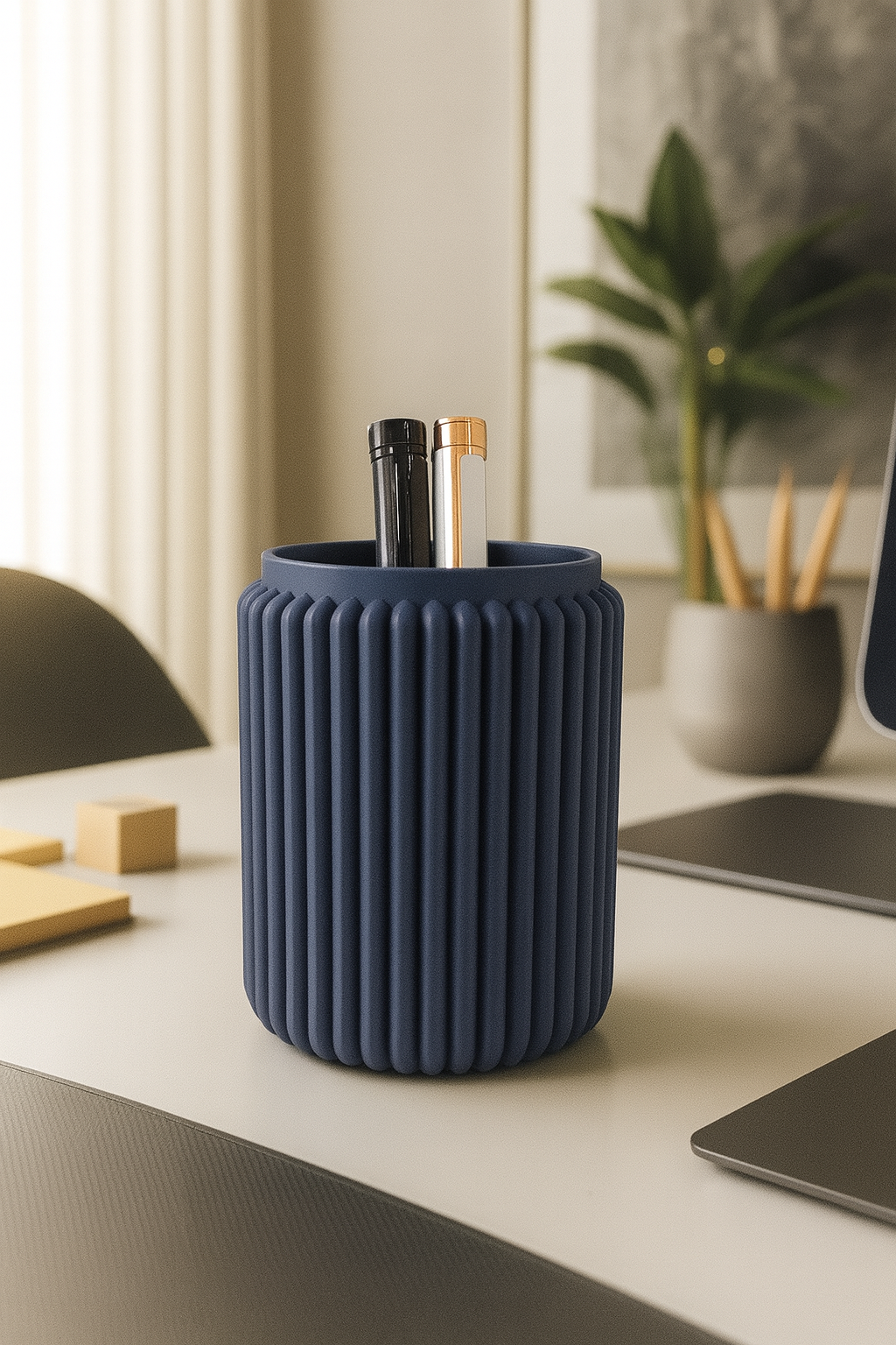 Blue textured pen holder with pens on a desk in an office setting